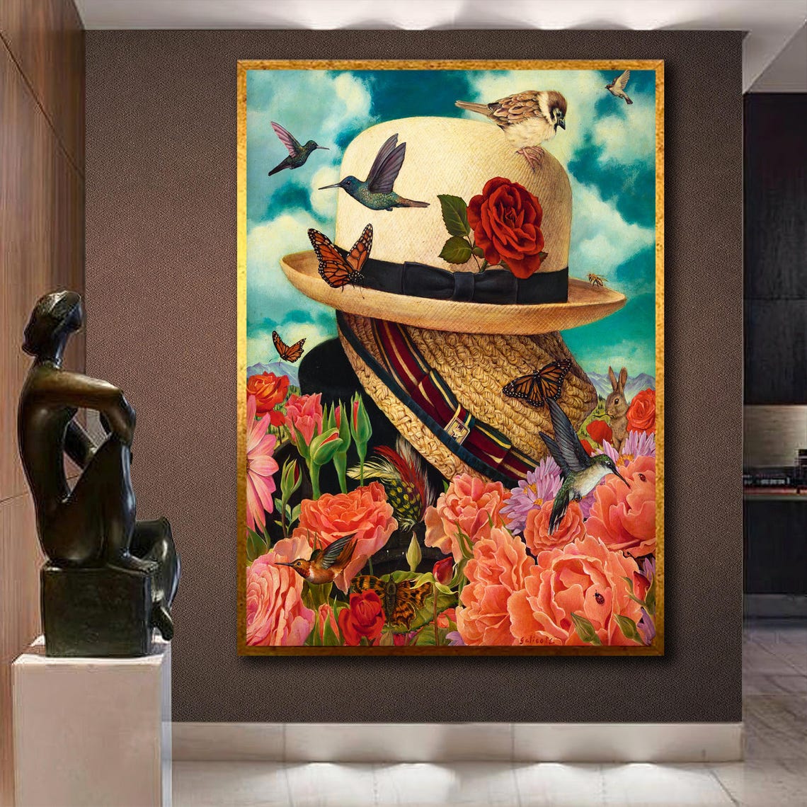 Straw Hat Surrounded by Birds Butterflies and Roses Surreal Art Poster