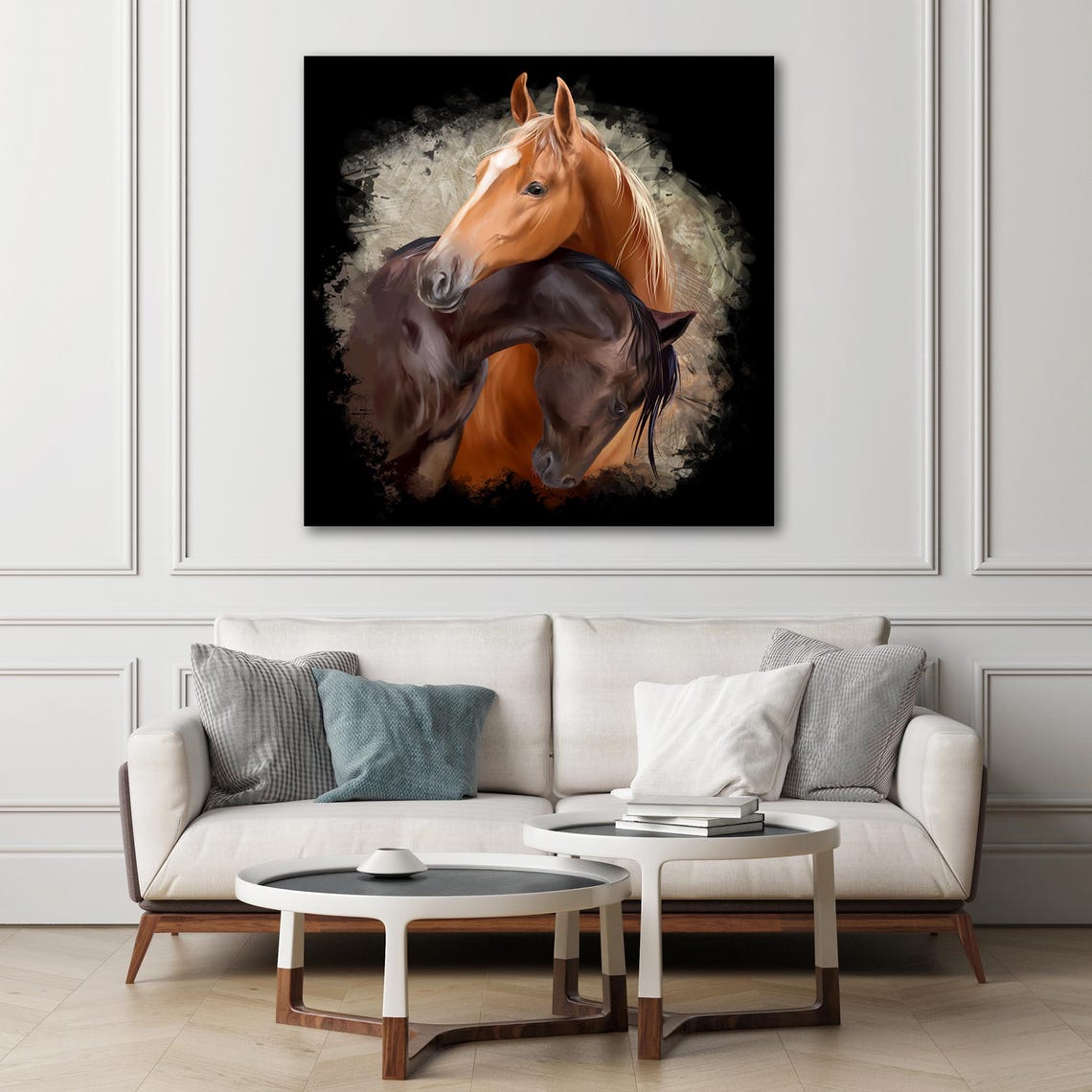 Loving Souls Of Horses Wall Art Print On Artistic Couple Of Noble Horses On A Black Background Painting Love Theme Decor - Image 2