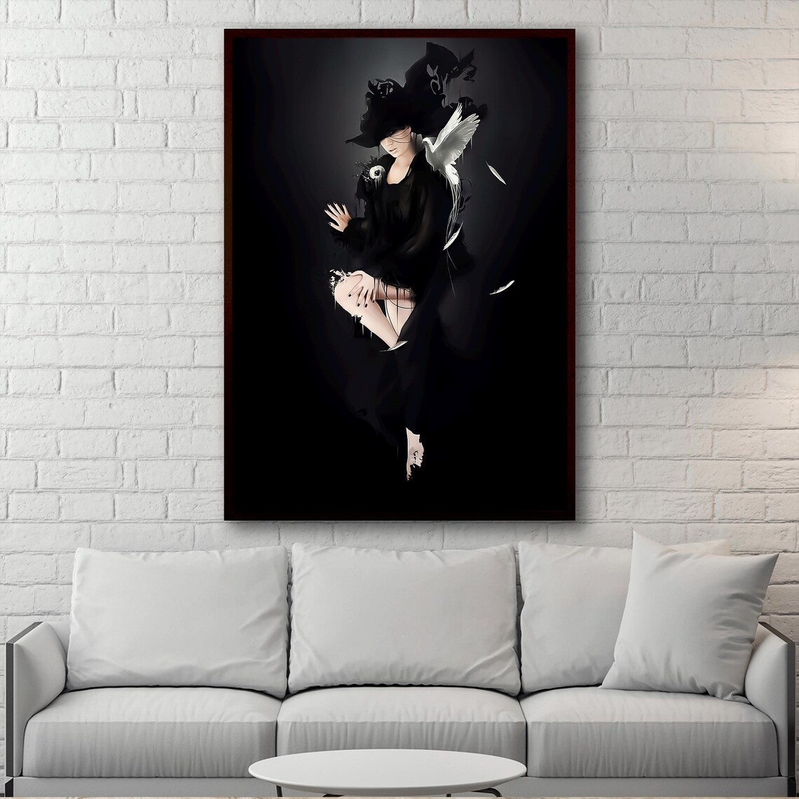 Woman in Black Dress With Pigeons Moody Fashion Photography Wall Art - Image 3