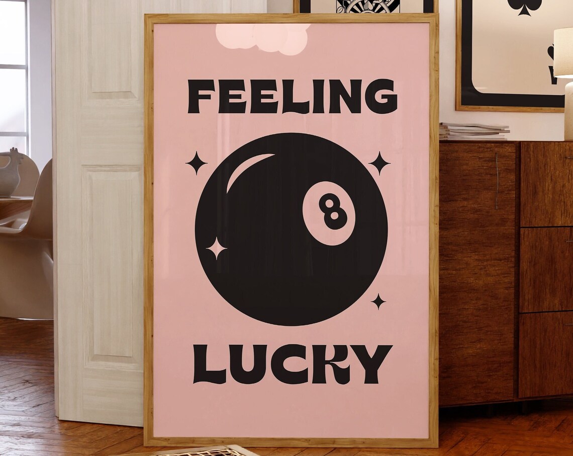 Feeling Lucky 8 Ball Pink Retro Game Night Fun Quote Wall Poster
