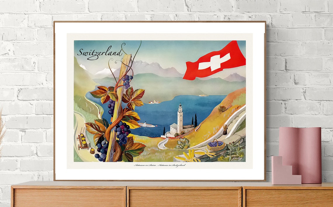 Switzerland Lakeside Vineyard Harvest Vintage Swiss Travel Poster - Image 2
