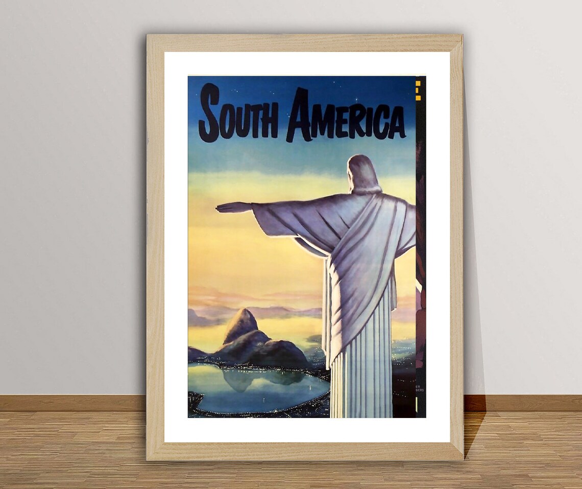 South America Christ The Redeemer Rio Vintage Travel Poster Sunset