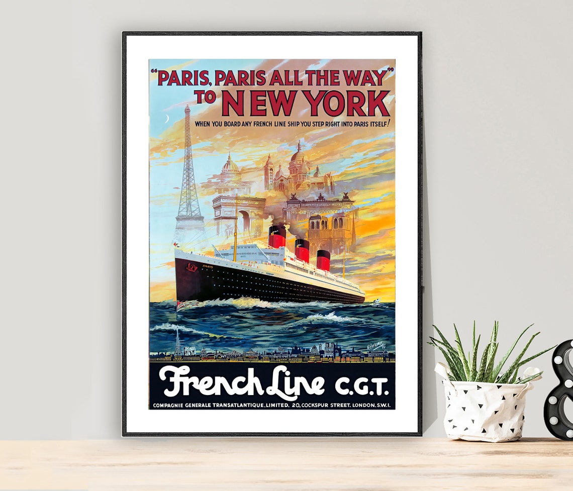 French Line CGT Paris to New York Ocean Liner Vintage Travel Poster