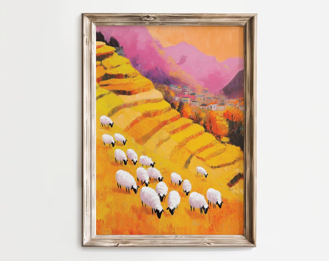 Sheep Grazing on Golden Terraced Hills Colorful Landscape Art Poster