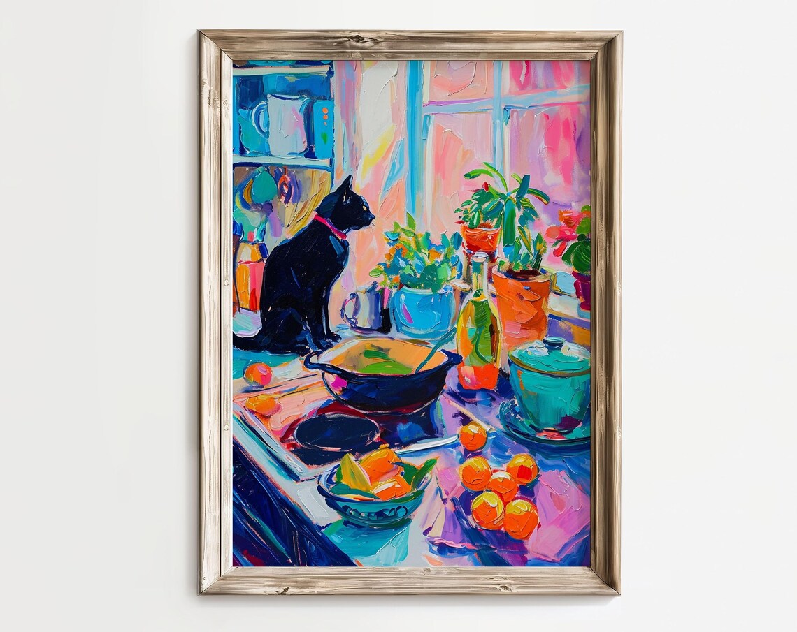 Fauvist Black Cat Kitchen Fruit Bowl Colorful Oil Style Art Poster