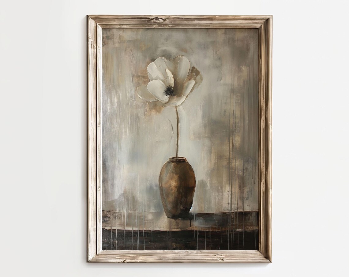 White Anemone Bloom In Rustic Vase Wabi Sabi Neutral Floral Art Poster