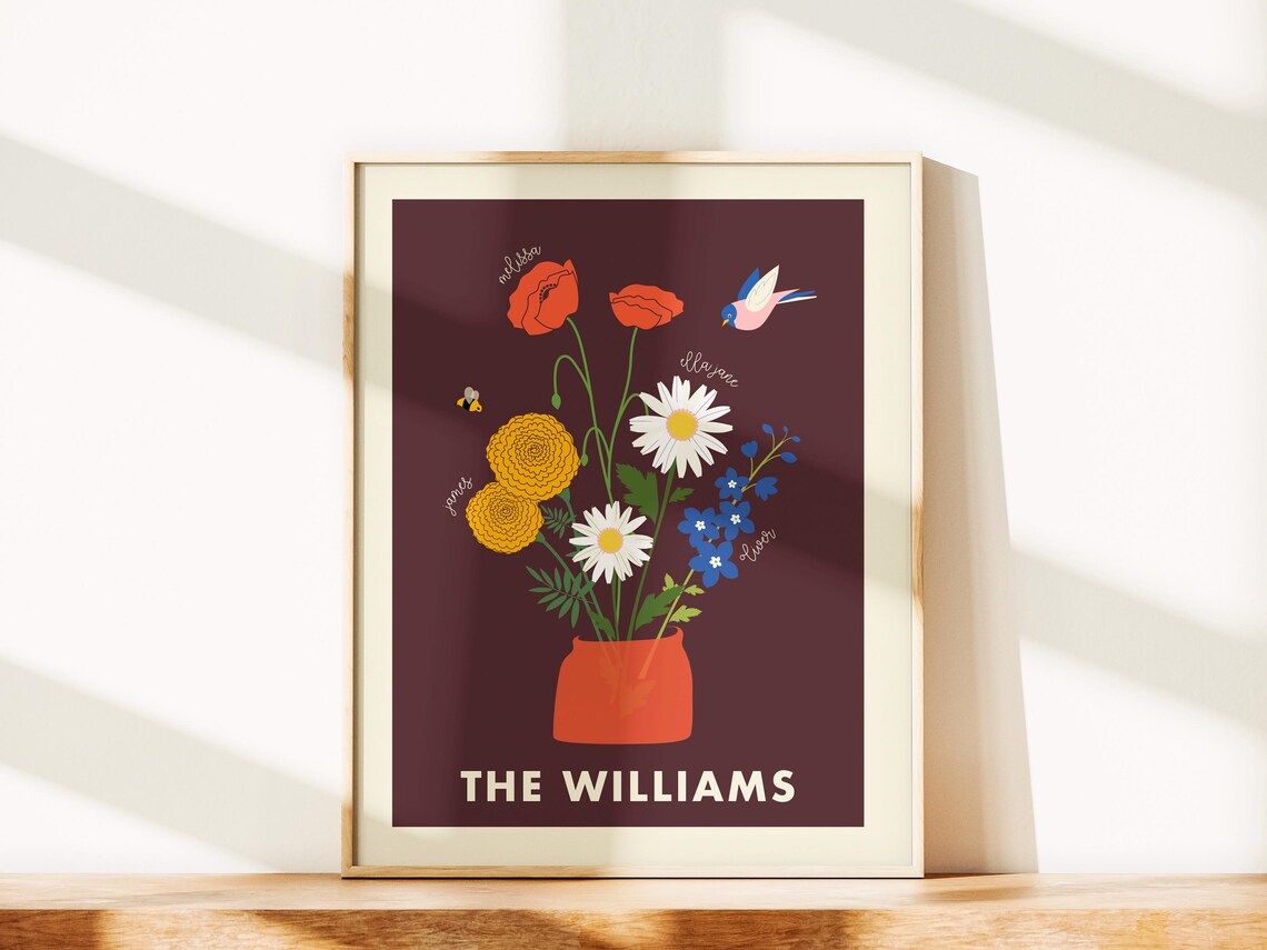 Personalized Birth Flower Bouquet with Poppy and Bird Family Art Print