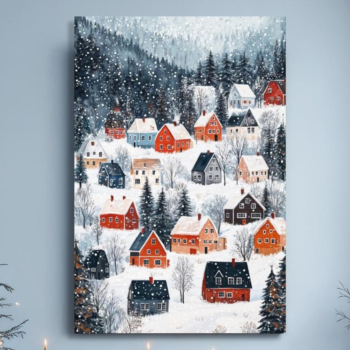 Snowy Scandinavian Village Cottages Winter Night Scene Poster