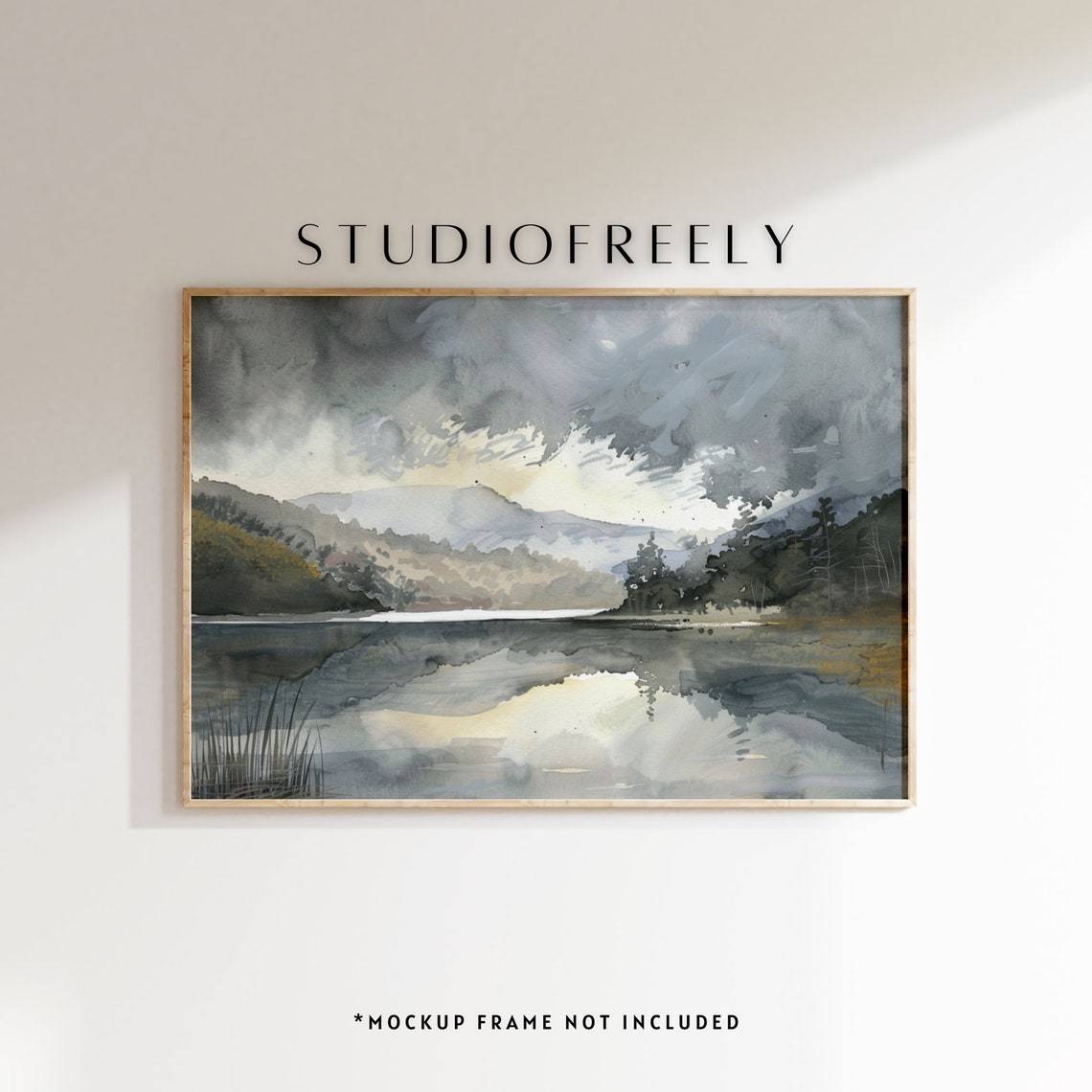 Moody Watercolor Mountain Lake Misty Gray Sky Landscape Poster