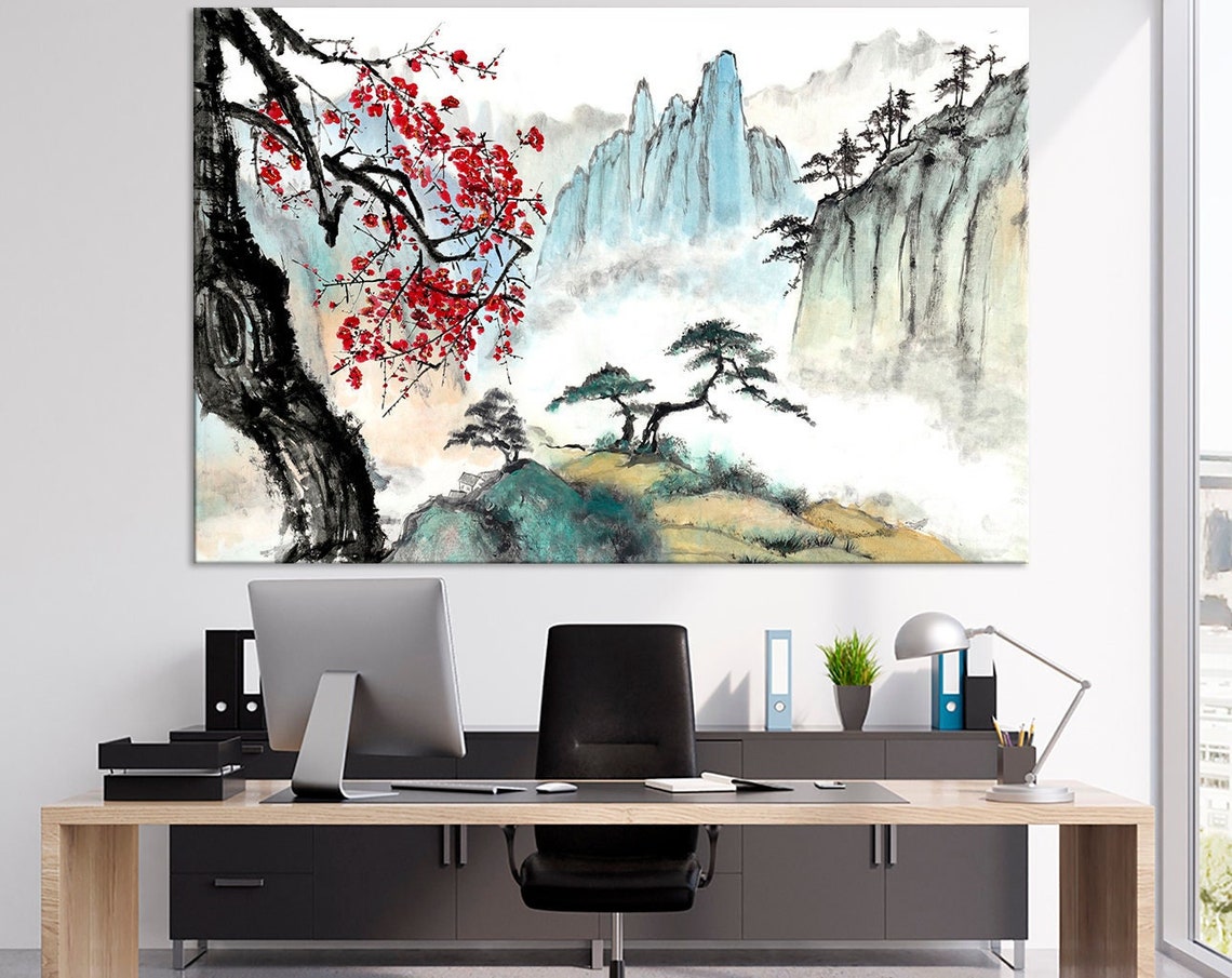 Japanese Ink Landscape Red Blossoms Misty Mountain Asian Poster