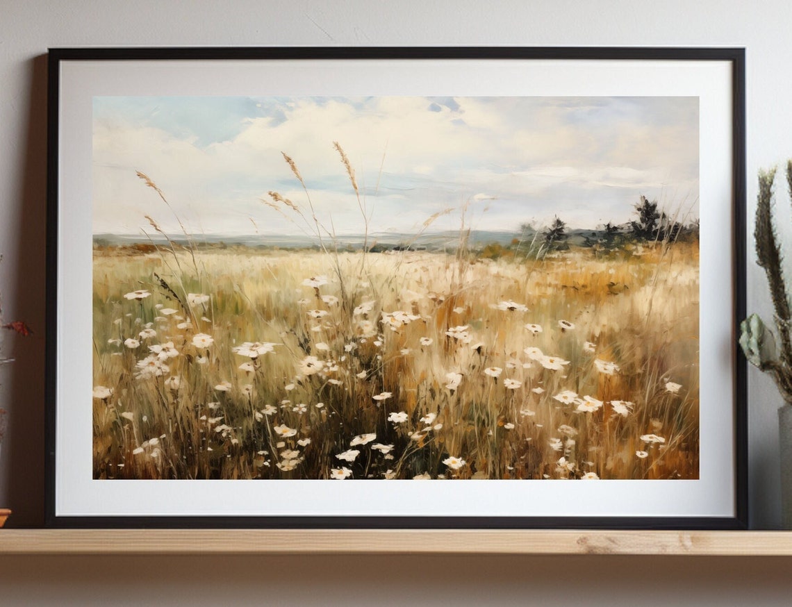 Sunlit Daisy Meadow with Tall Golden Grasses Landscape Poster