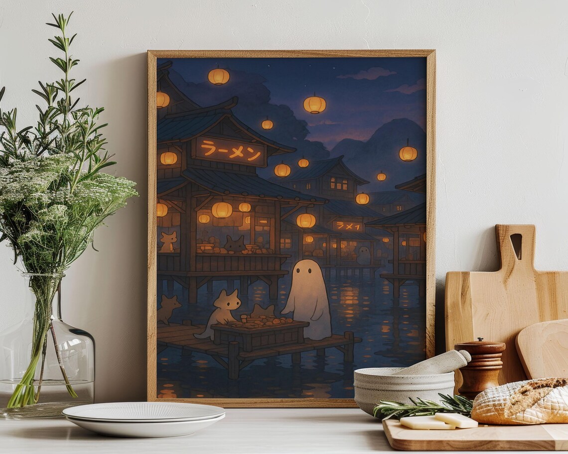 Anime Ramen Market Night Ghost Lanterns Cozy Street Scene Poster