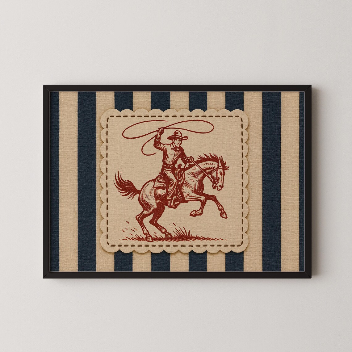 Vintage Cowboy Roping Horse Horizontal Striped Western Rodeo Poster