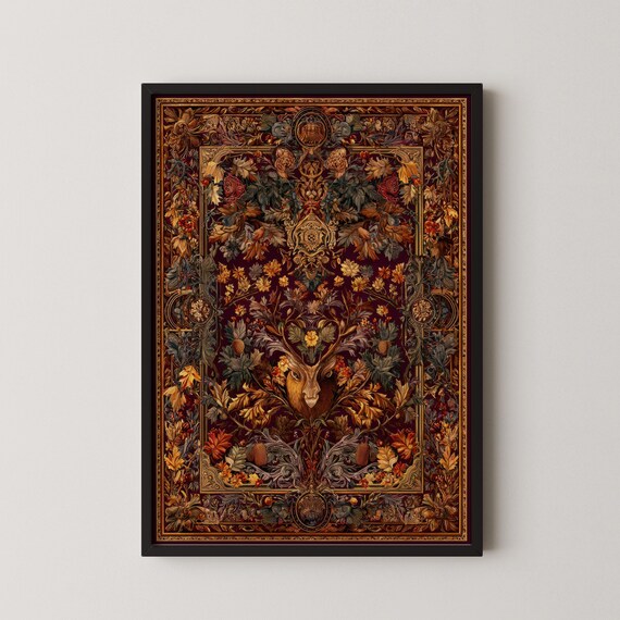 Regal Stag Forest Tapestry Print Vintage Nature Wall Art Ornate Botanical Deer William Morris Inspired Decor
