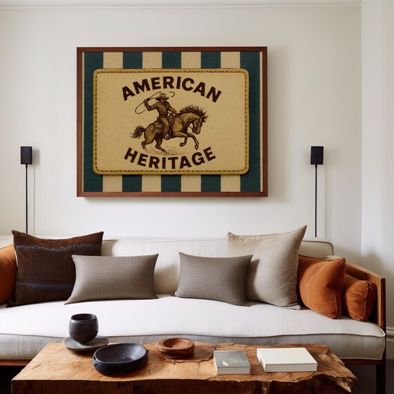 American Heritage Cowboy On Horse Leather Patch Western Poster