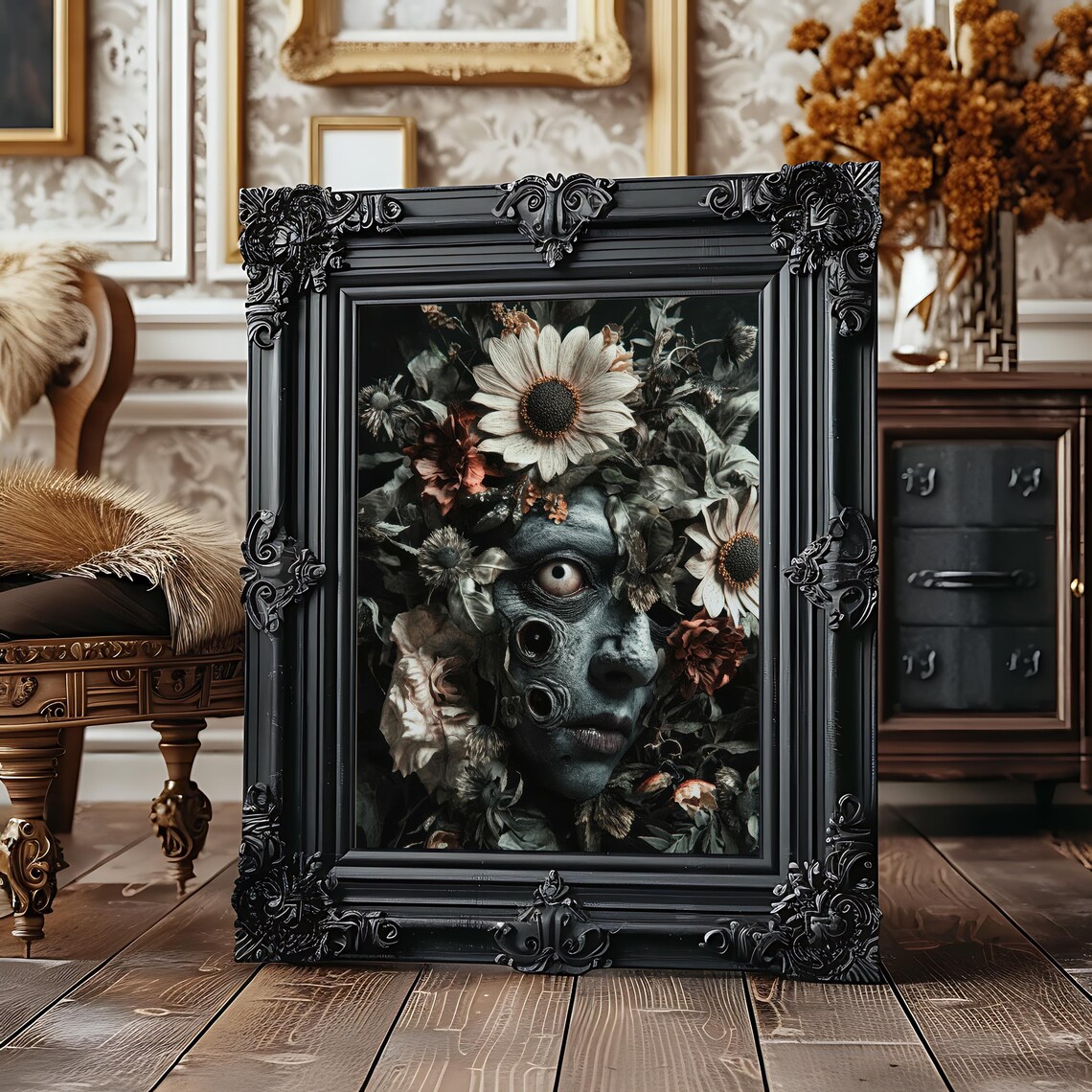 Surreal Sunflower Face Gothic Dark Academia Floral Art Print