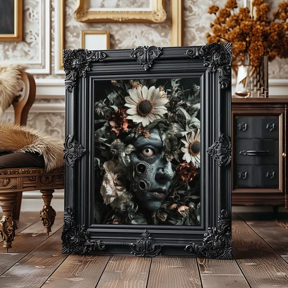 Surreal Sunflower Face Gothic Dark Academia Floral Art Print
