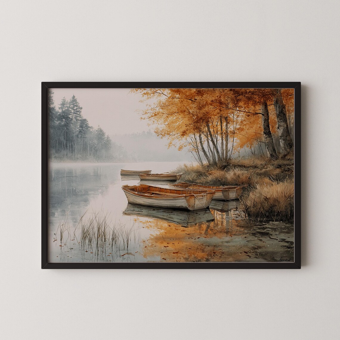 Misty Autumn Lake Rowboat Watercolor Art Print
