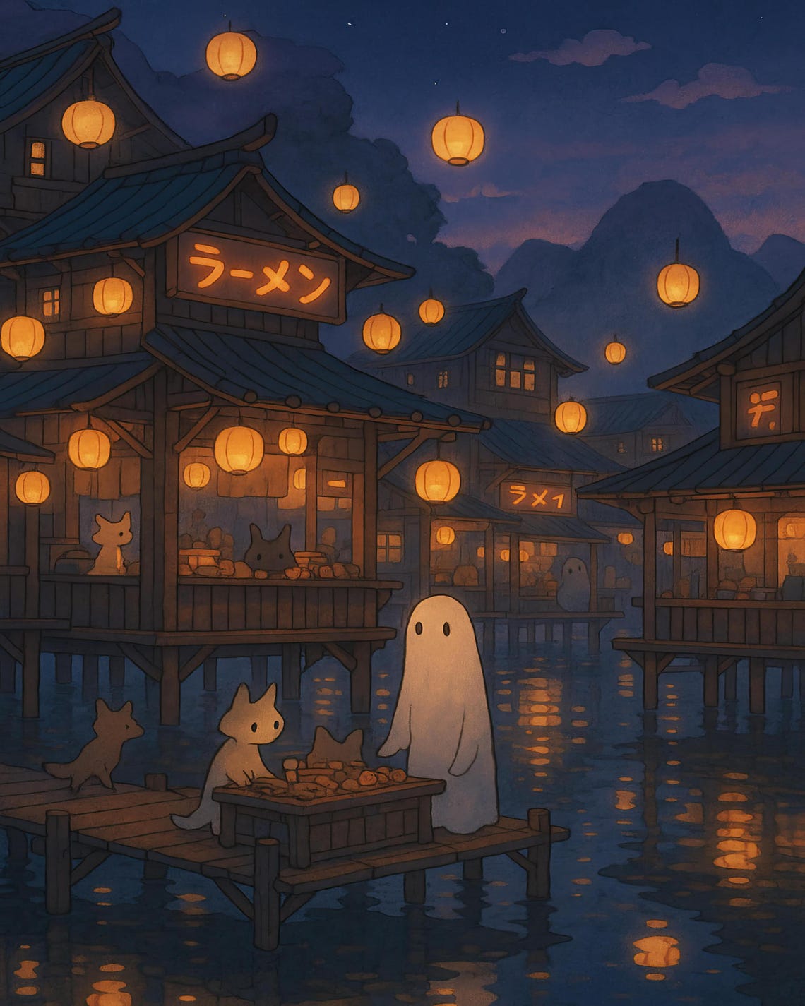 Ramen Night Market Stilt Houses Lanterns Ghost Dock Scene Poster