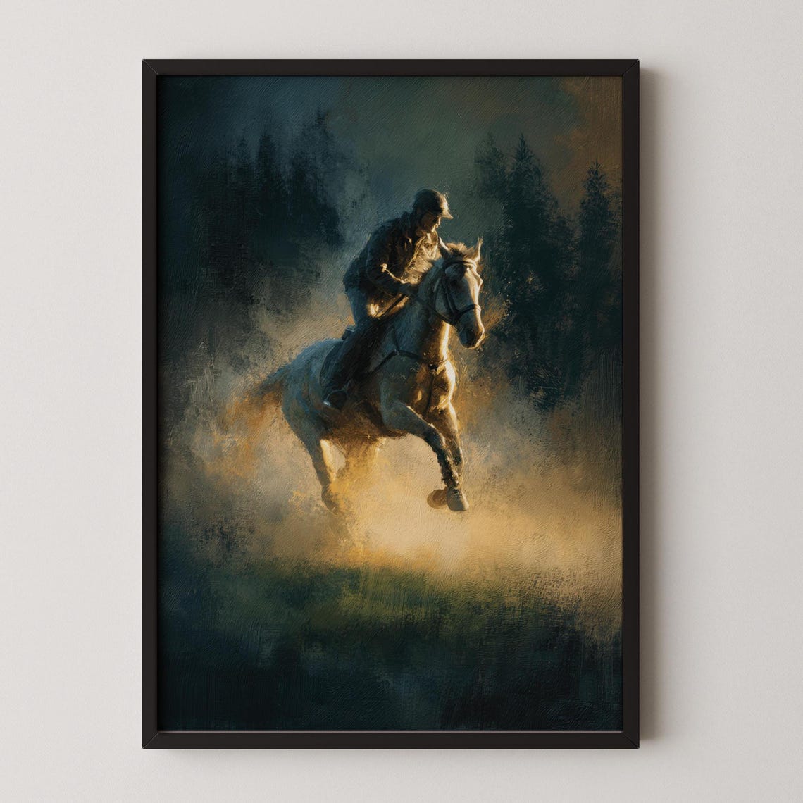 Horse And Rider Leaping At Night Dramatic Equestrian Art Poster