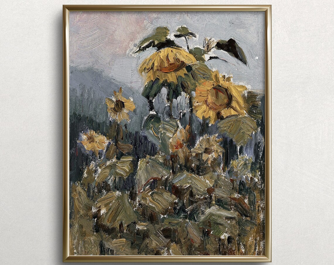 Sunflower Oil Painting Impressionist Golden Blooms Moody Art Print