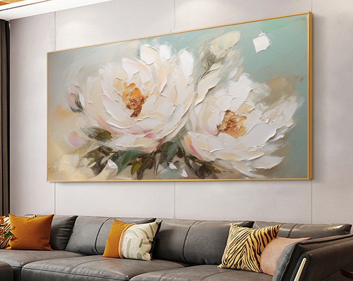 Soft White Peonies Teal Dreamy Pastel Floral Painting Poster