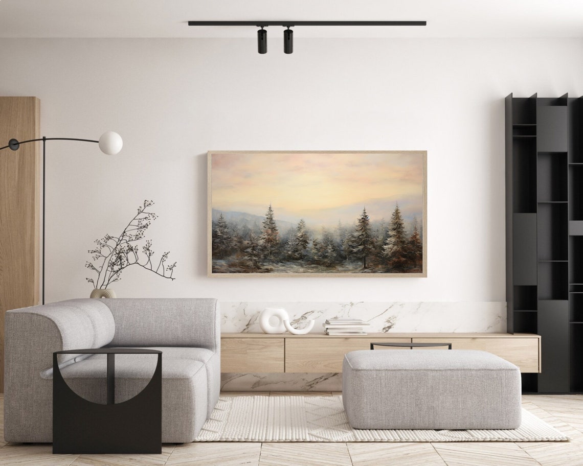 Snowy Pine Forest at Dawn Misty Winter Landscape Oil Painting Poster - Image 4