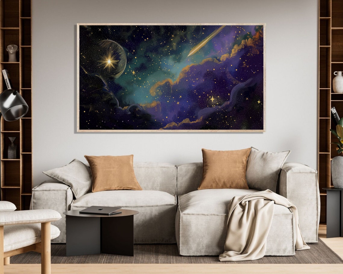 Shooting Star Moonlit Clouds Purple Gold Night Sky Painting Poster - Image 3