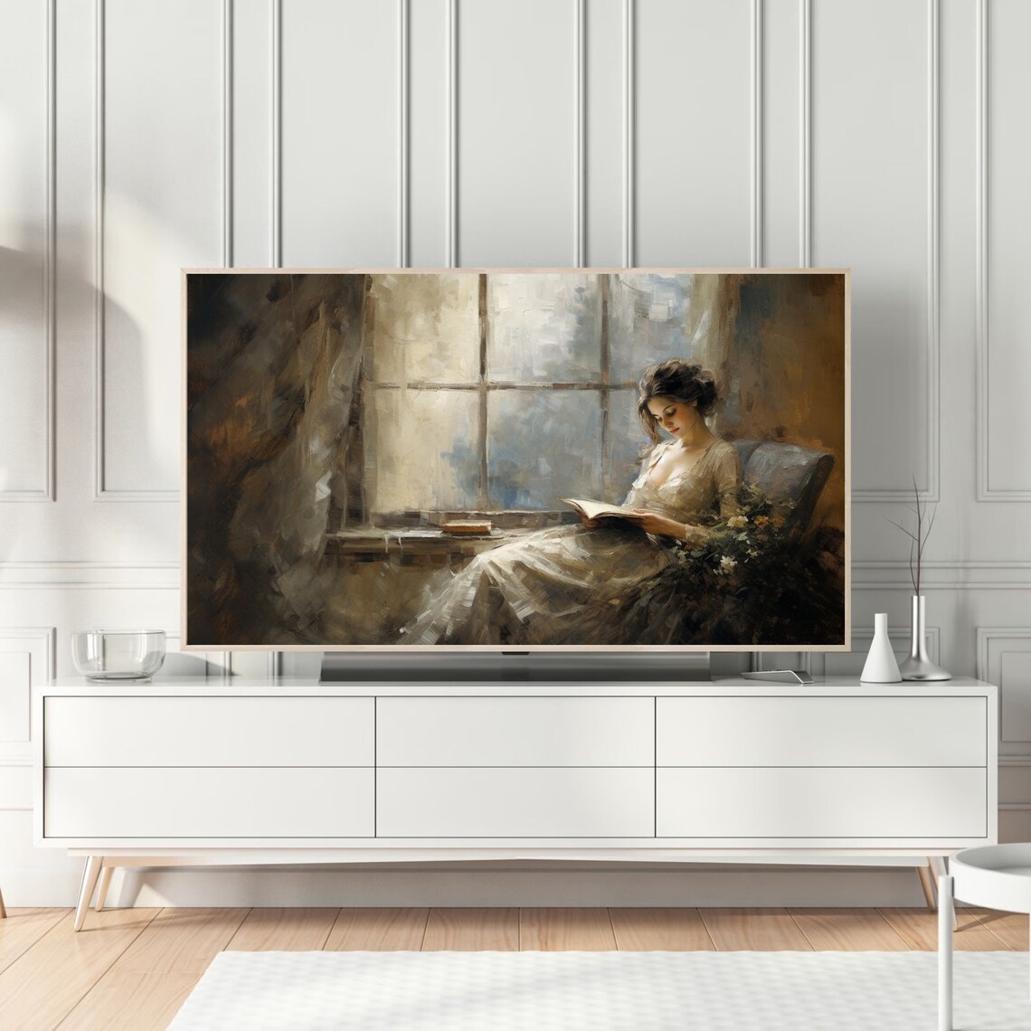 Woman Reading by Bright Window Moody Vintage Oil Painting Poster - Image 3