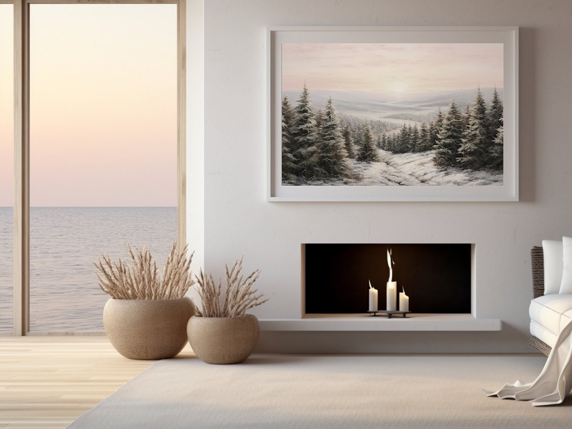 Snow Covered Pines Over Winter Valley Sunrise Landscape Poster - Image 2
