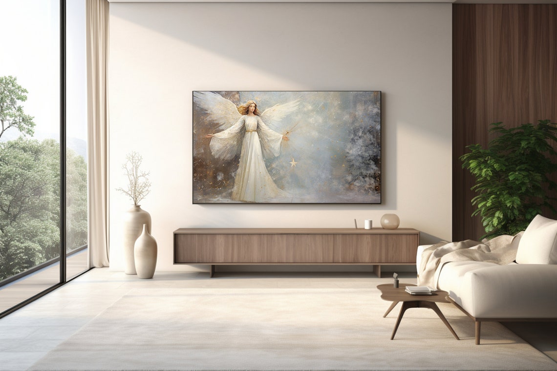 Frame Tv Portrait Art Christmas White Angel Oil Painting Rustic Fairy Winter Landscape Print Vintage Christmas Farmhouse Wall Decor - Image 2
