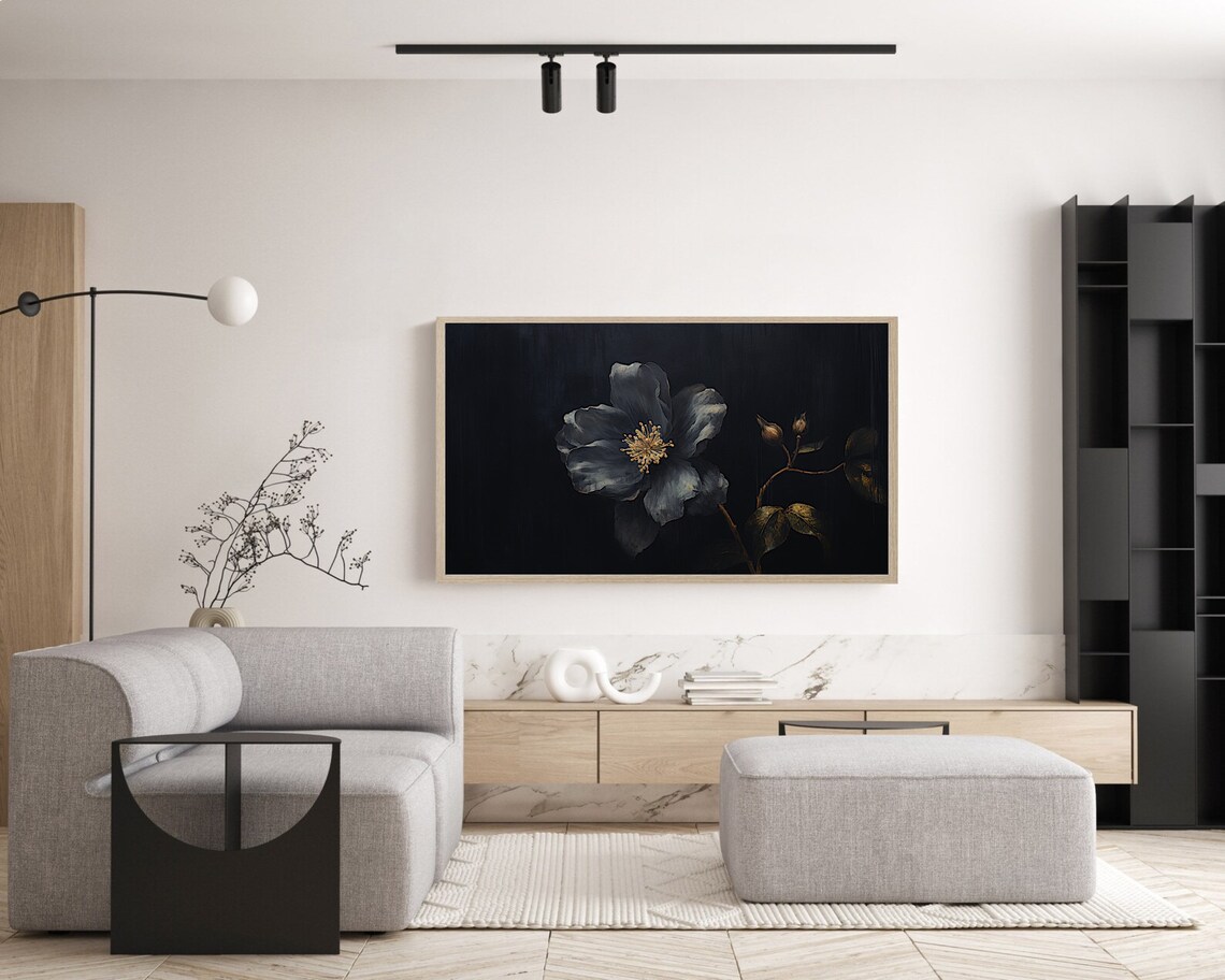 Dark Moody Flower Golden Stamens Black Botanical Painting Poster - Image 4