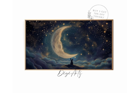 Bunny Gazing At Crescent Moon Starry Night Cloud Painting Poster
