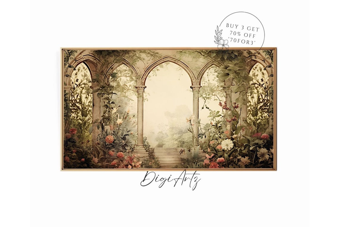 Gothic Stone Arches And Columns In A Lush Flowering Garden Poster