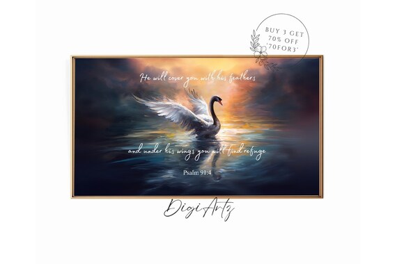 Psalm 91 Swan Sunset Oil Painting Scripture Verse Christian Poster