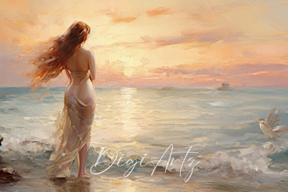 Woman In White Dress Sunset Beach Romantic Seaside Oil Painting Poster - Image 6