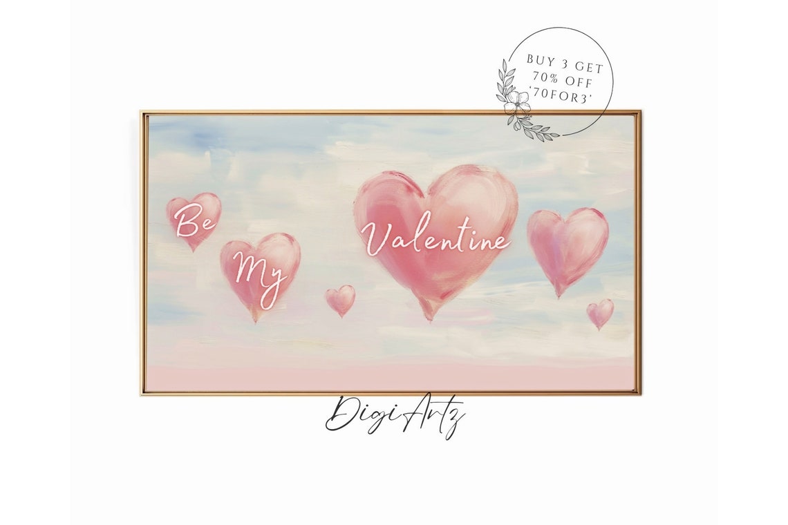 Be My Valentine Script Pink Hearts Pastel Sky Painting Poster