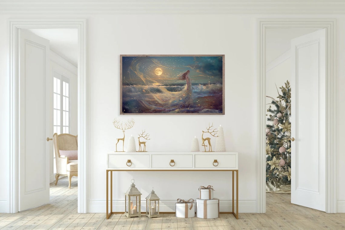 Moonlit Beach Ethereal Woman Flowing Veil Starry Night Poster - Image 5