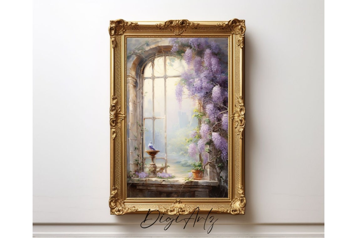 Arched Stone Window Wisteria Bluebird Cottage Garden Wall Poster