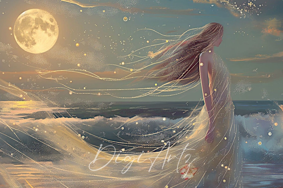 Moonlit Beach Ethereal Woman Flowing Veil Starry Night Poster - Image 6