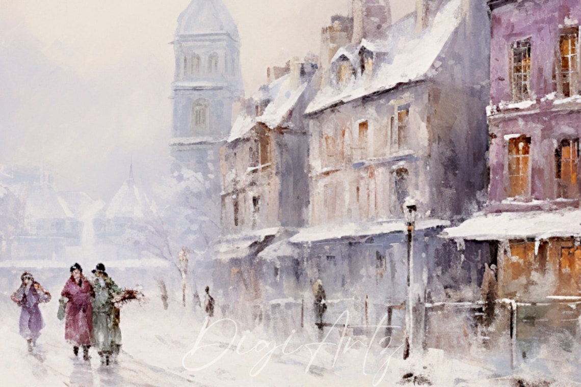 Snowy European Street Pastel Winter Scene Holiday Strollers Poster - Image 6