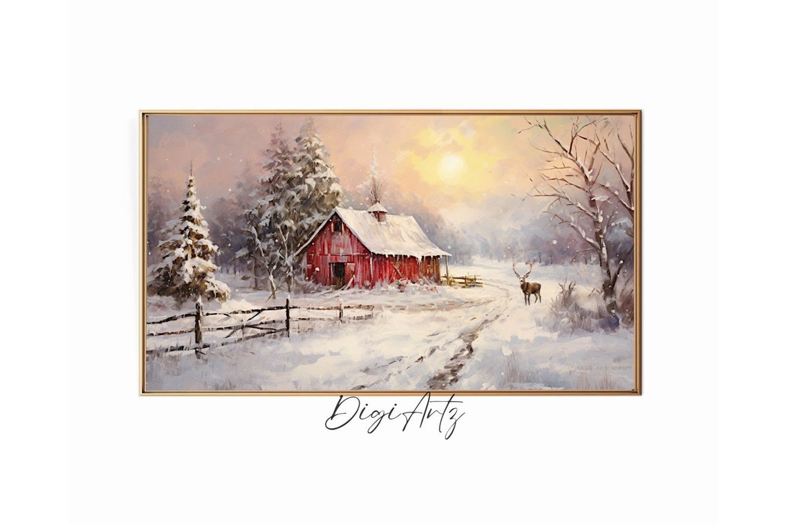 Red Barn In A Snowy Field At Sunrise With A Grazing Deer Poster
