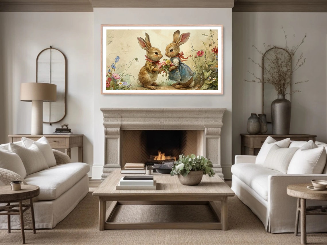 Two Bunnies in Love Vintage Storybook Rabbit Illustration Poster - Image 4