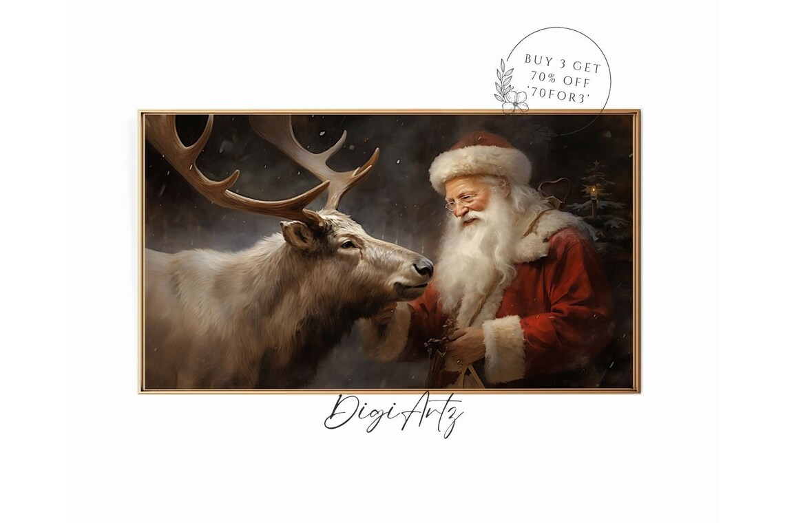Tender Santa Claus And Reindeer Nuzzling In A Winter Night Poster
