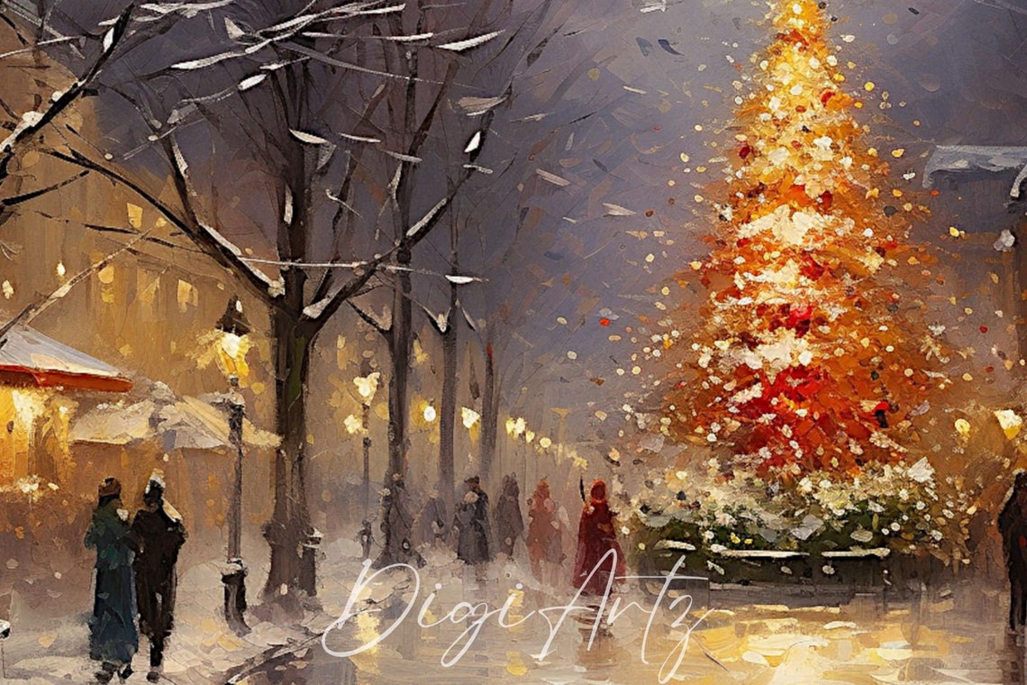 Frame Tv Christmas Night In Town Oil Painting Cottagecore Christmas Tree Decor Moody Winter Landscape Holiday Print Farmhouse Art - Image 6
