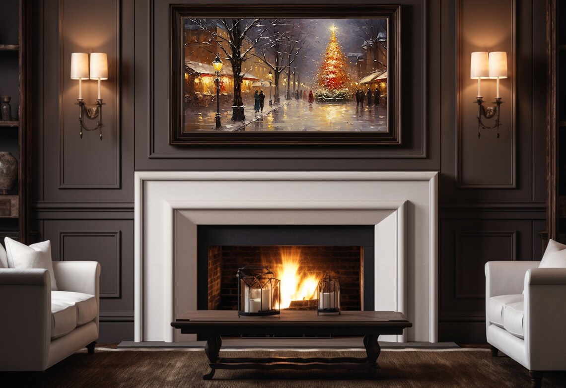 Glowing Christmas Tree On A Snowy City Street At Night Poster - Image 5
