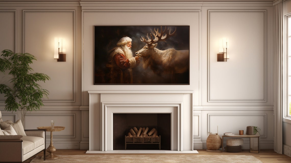 Frame Tv Art Vintage Christmas Wall Art Santa Reindeer Companionship Oil Painting Cottagecore Academia Christmas Decor Winter Print - Image 5