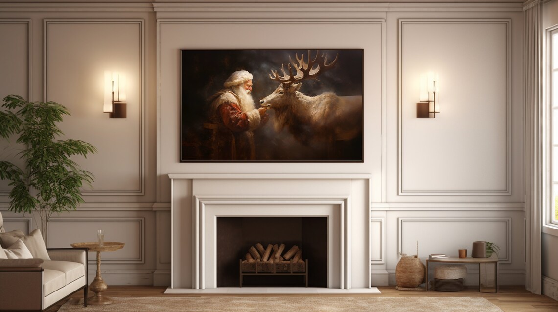 Santa Claus Feeding Reindeer Vintage Oil Painting Christmas Poster - Image 5