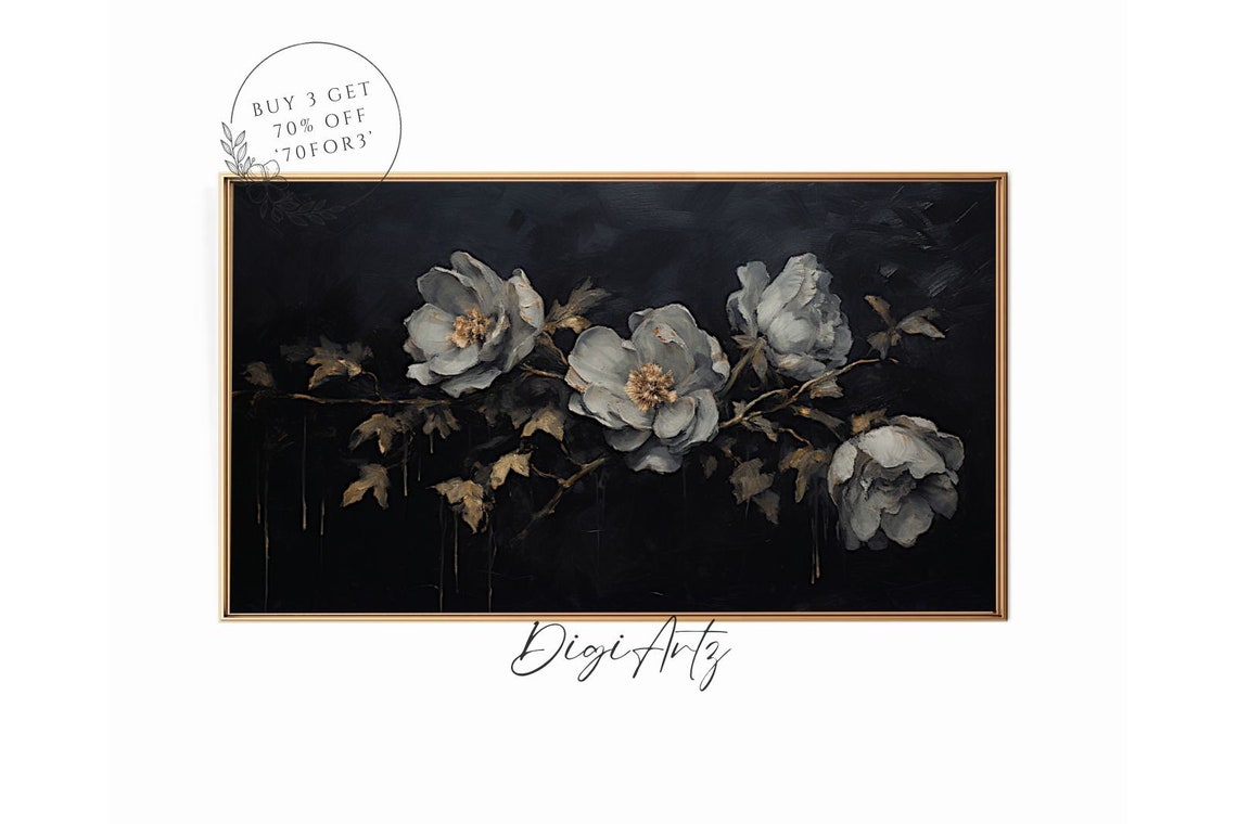 Gray Peonies Dark Botanical Painting Elegant Moody Floral Poster