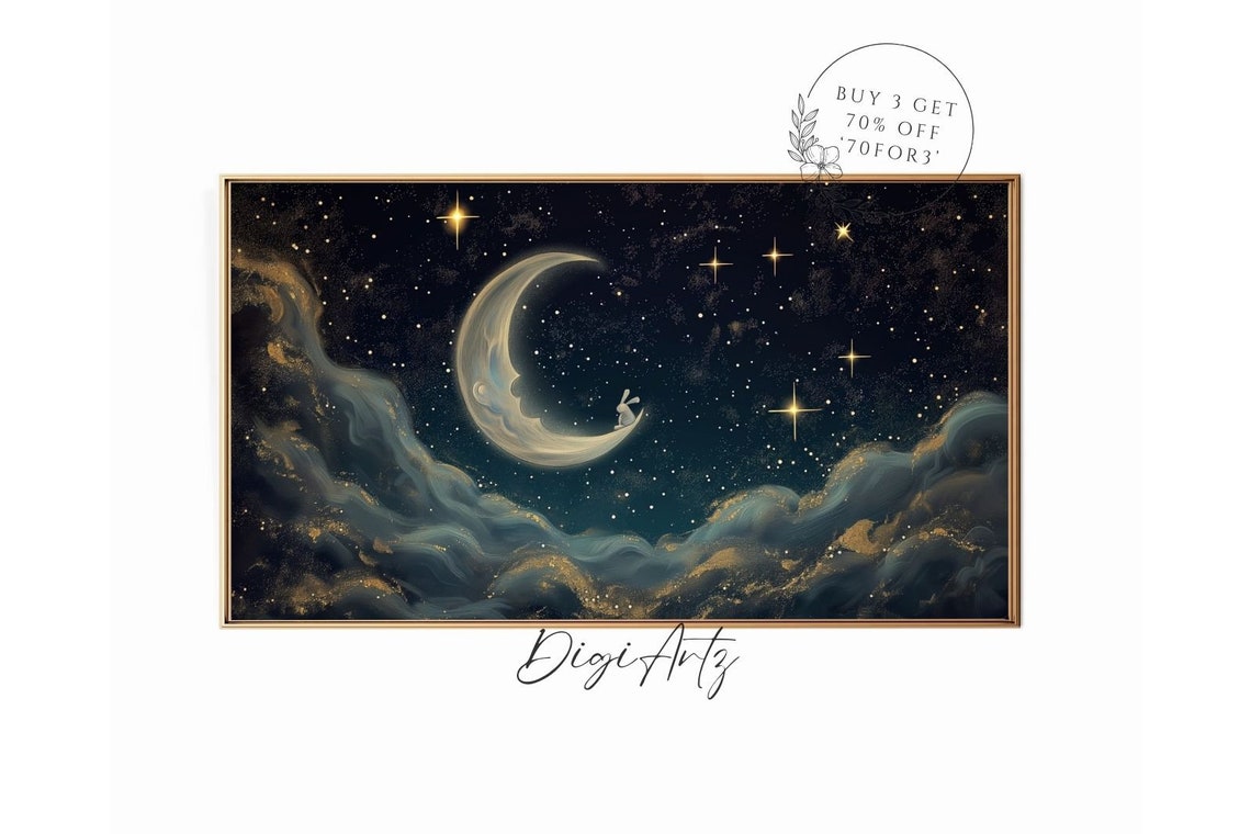 Bunny On The Crescent Moon Starry Night Nursery Painting Poster
